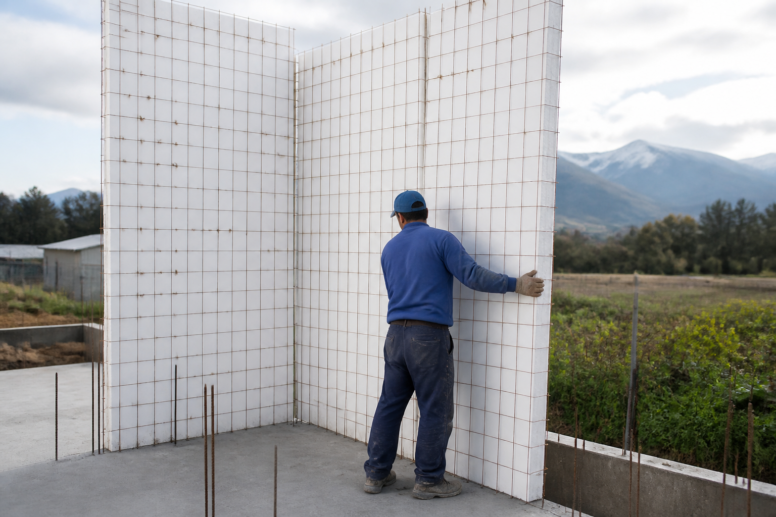 Maestro instalando paneles estructurales Cofamur en terreno
